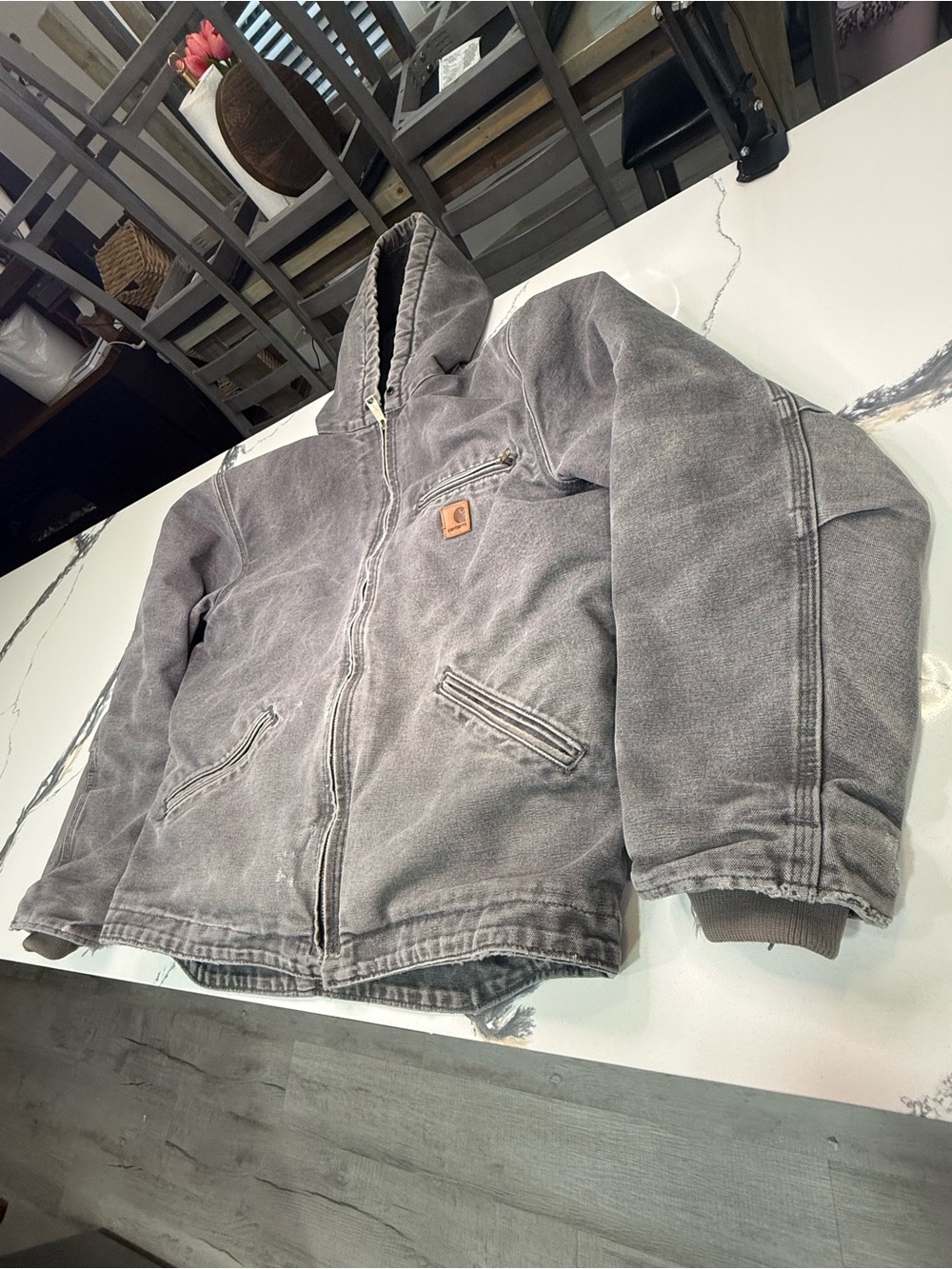 Carhartt Jacket Mens M Gray Hooded Full Zip Workwear Sherpa Lined
